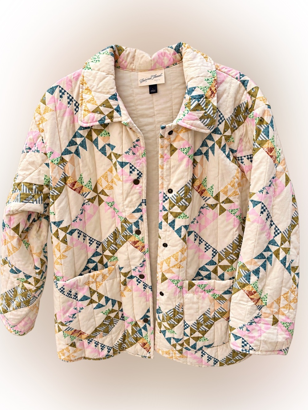 Quilted Patchwork Jacket in Cream & Green - Women's Lightweight Coat